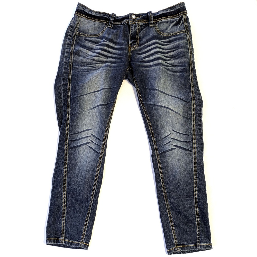 Vanity Womens Size 29 Dark Wash Whiskered Skinny Denim Jeans Cropped Stretch